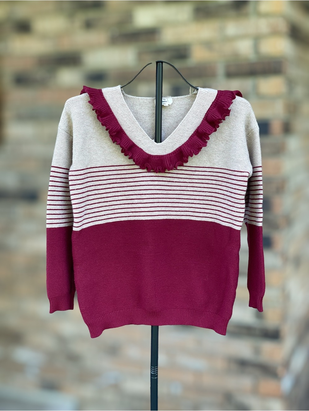 entro V-Neck Ruffle Stripe Sweater in Cream & Deep Pink